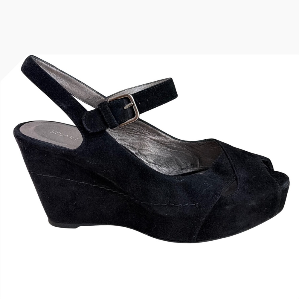 Stuart Weitzman Black Suede Peep Toe Wedge Sandals Ankle Strap Spain 10 M